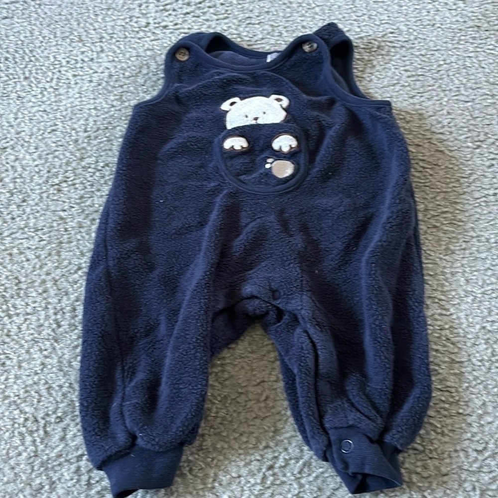 One piece navy blue overalls- very soft and warm 12 months with bear